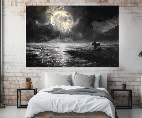 Impressionistic Moon Over Sea Painting Print Bison On Post Apocalyptic Landscape Painting Gothic Wall Decor Framed Ready To Hang
