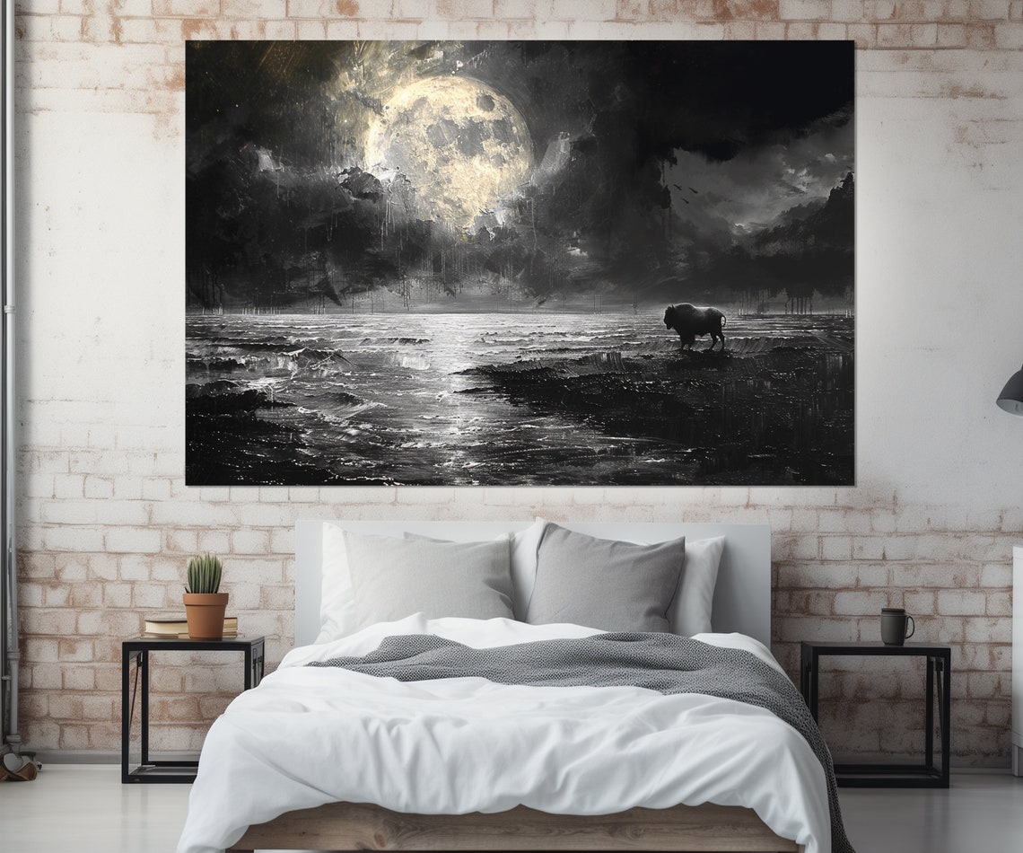 Impressionistic Moon Over Sea Painting Print Bison On Post Apocalyptic Landscape Painting Gothic Wall Decor Framed Ready To Hang