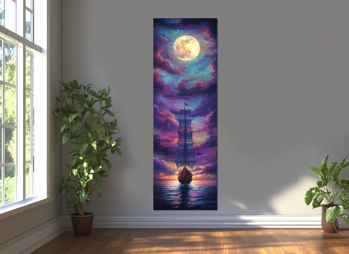 Moonlit Tall Ship Sailing Starry Night Sea Dreamy Cloudscape Poster - Image 3