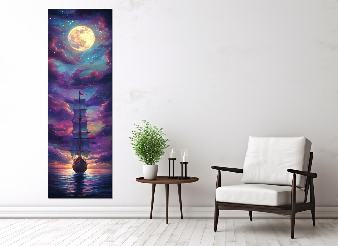 Moonlit Tall Ship Sailing Starry Night Sea Dreamy Cloudscape Poster - Image 2