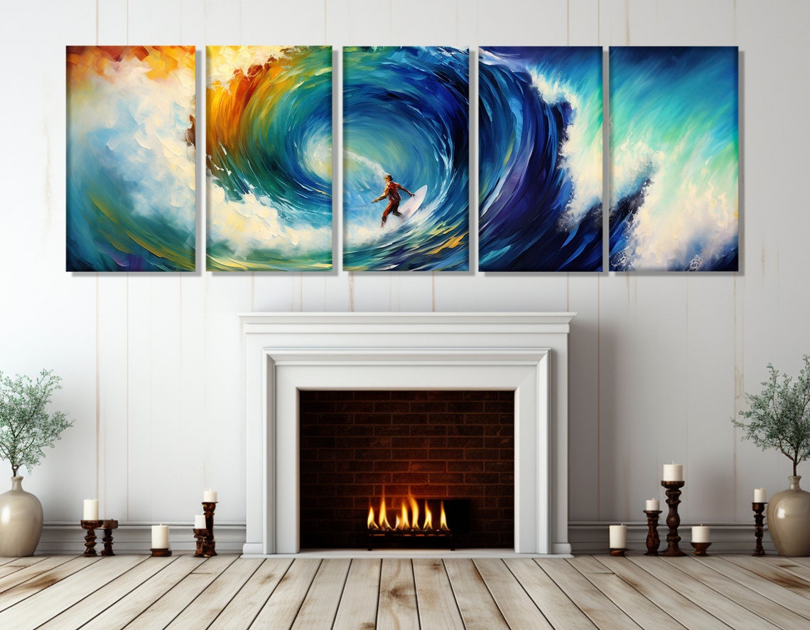 Surfer Riding Giant Turquoise Wave Barrel Abstract Ocean Action Poster - Image 3