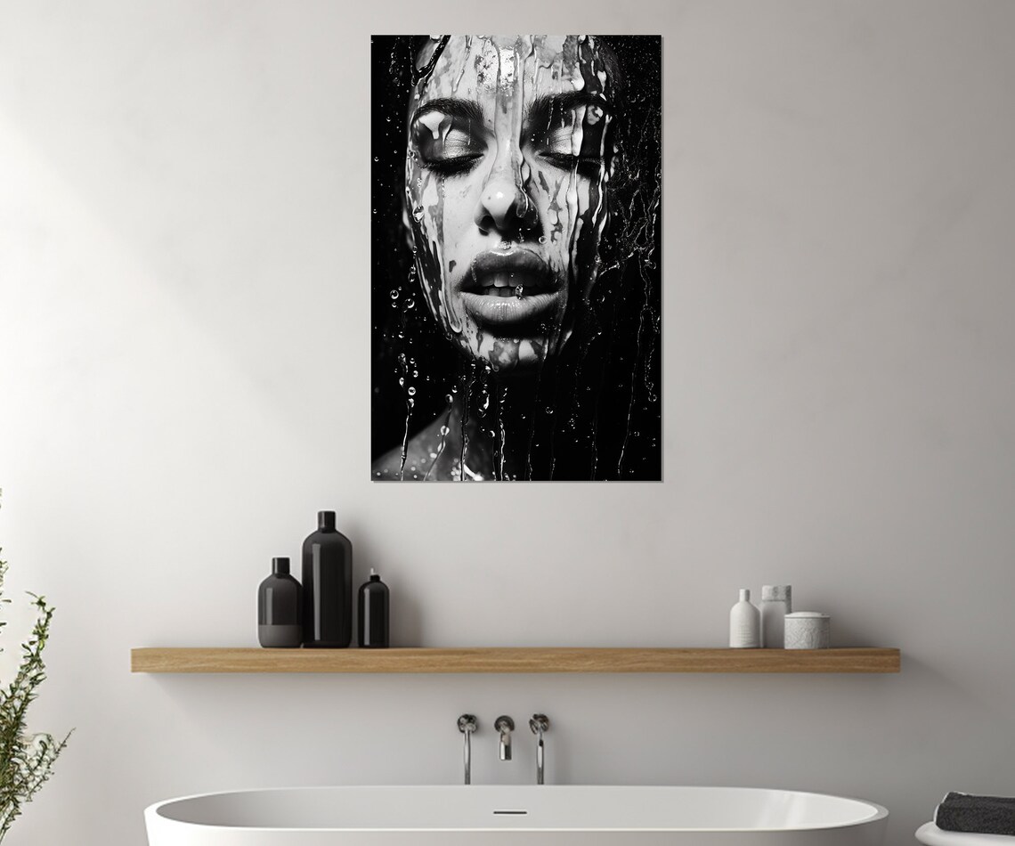 Black And White Woman Portrait With Water Dripping Down Her Face Poster - Image 2