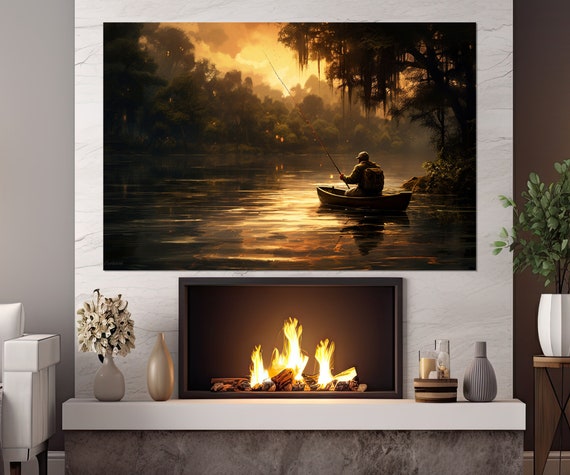 Fishing Boat On Lake Painting Print Fishing Wall Art Fisherman In Boat Poster Fisherman Gift Framed And Ready To Hang