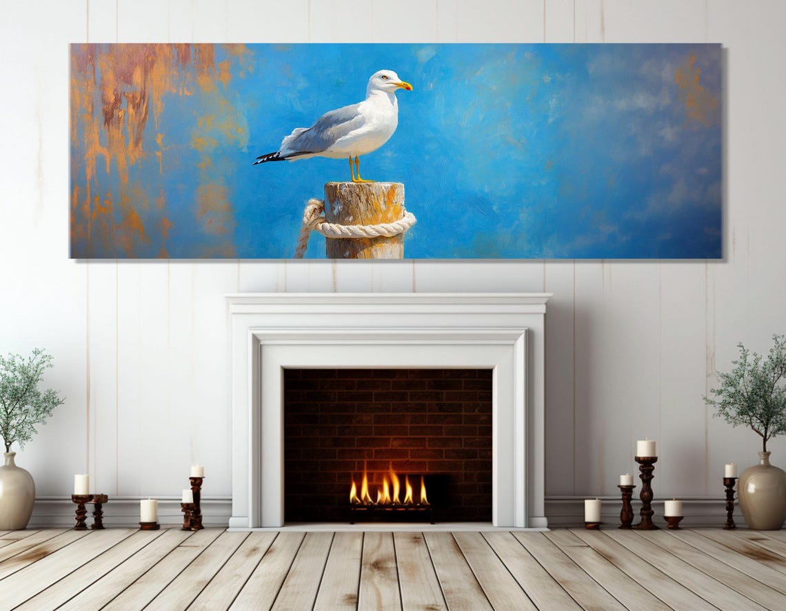 Seagull Perched on Pier Post Abstract Blue Gold Bird Painting Poster - Image 2