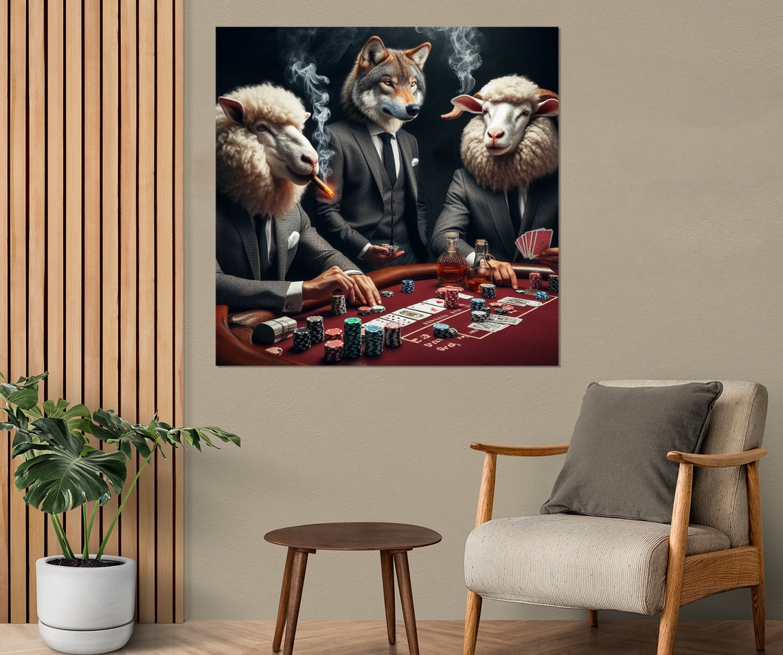 Wolf in Suit Playing Poker With Sheep Cigar Whiskey Game Room Poster - Image 3