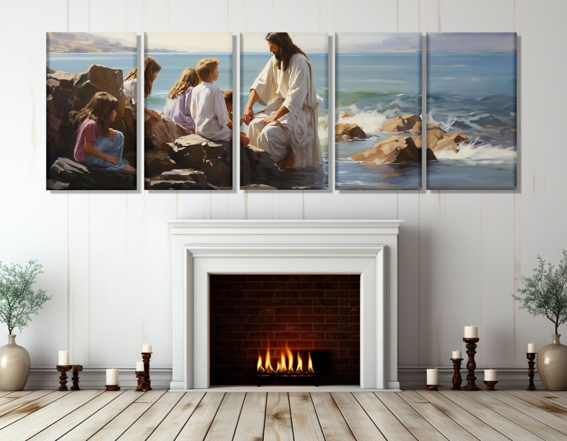 Jesus Teaching Children by the Sea Biblical Panoramic Christian Art Poster - Image 2