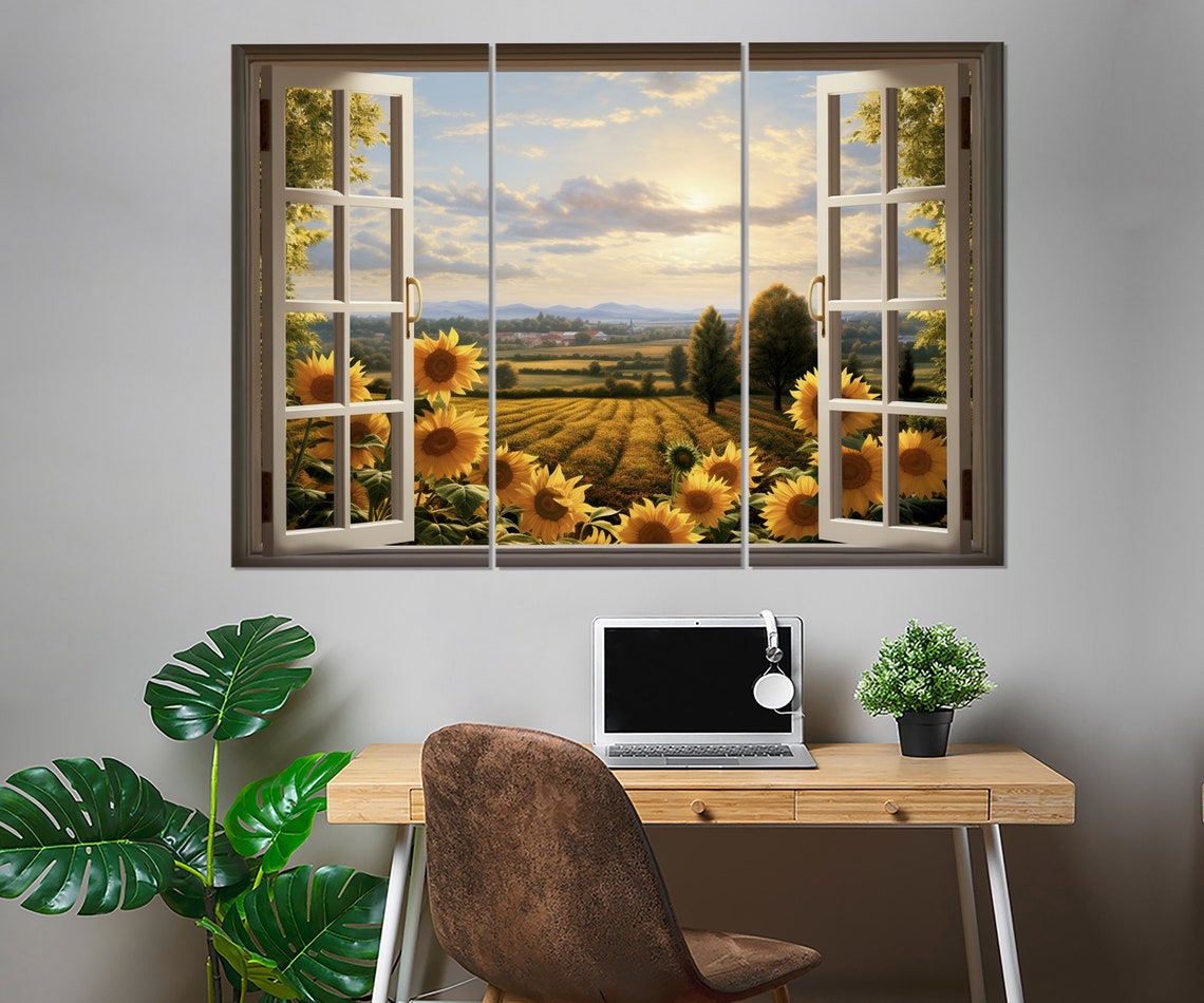 Open Window Sunflower Field Sunset Countryside View Faux Window Poster - Image 4