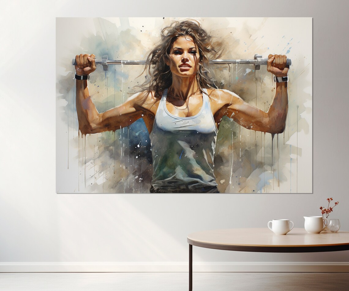 Strong Woman Lifting Barbell Watercolor Fitness Motivation Gym Wall Art