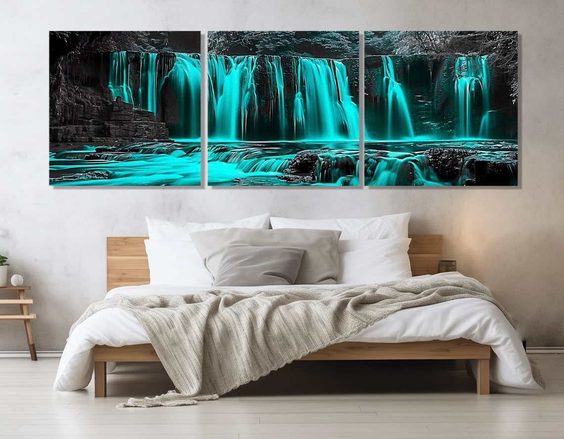 Abstract Waterfall Print Scenic Waterfall Wall Art Cyan Wall Decor Nature Landscape Painting Framed And Ready To Hang - Image 4