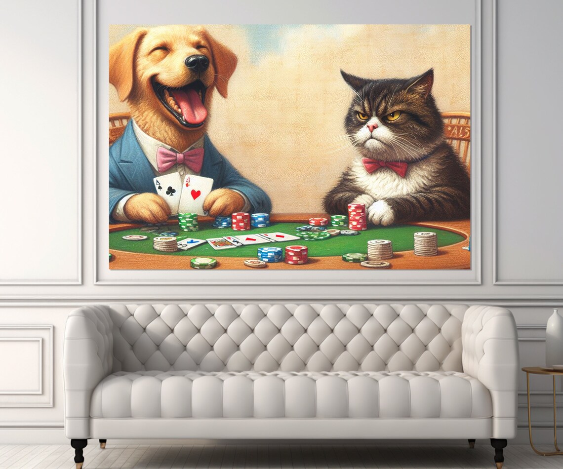 Dog And Cat Playing Poker At Card Table Funny Animal Game Room Wall Art Print