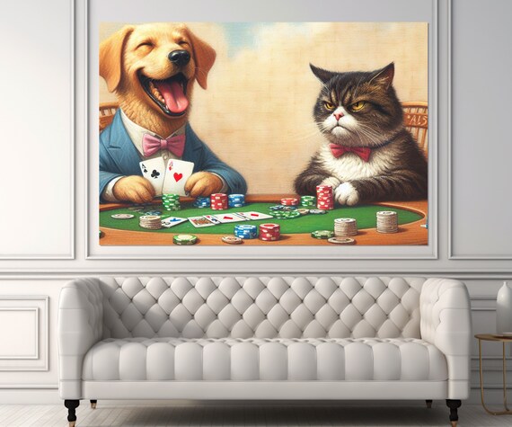 Dog And Cat Playing Poker At Card Table Funny Animal Game Room Wall Art Print