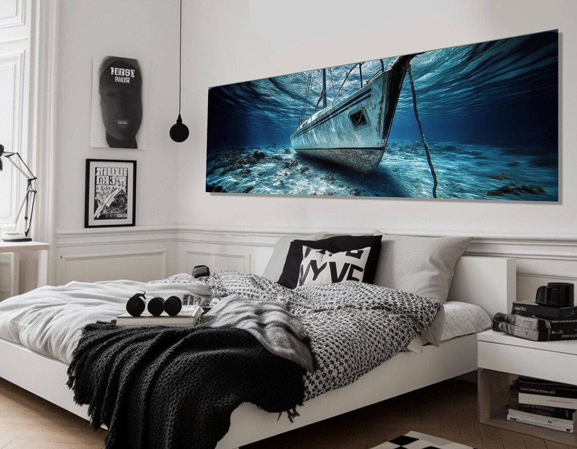 Sunken Yacht Shipwreck Deep Blue Underwater Seabed Diver Art Poster - Image 2