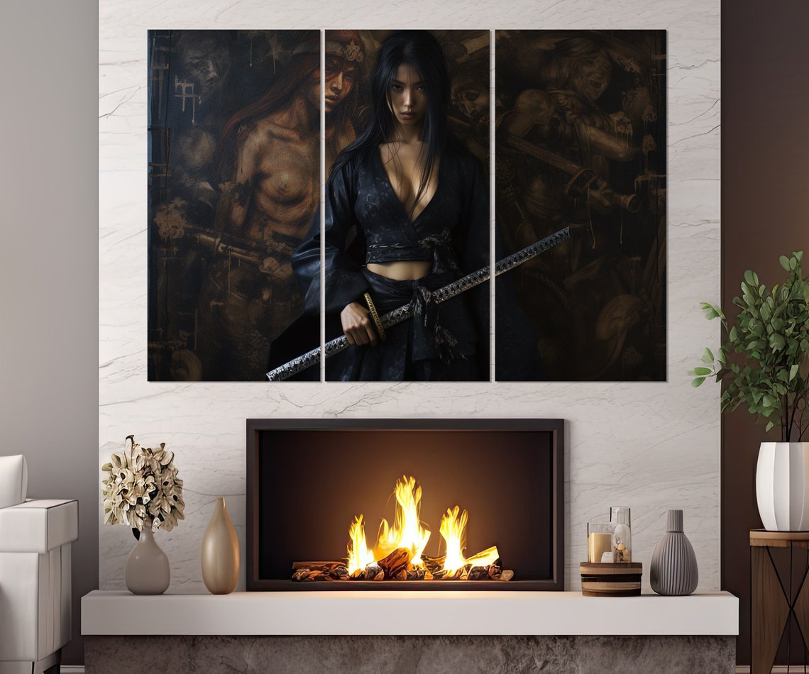 Fierce Samurai Woman In Black Kimono Holding A Katana Poster - Image 4