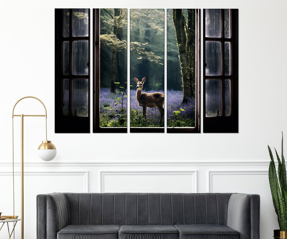 Deer In Wildflower Forest Faux Window View Nature Wildlife Scene Poster - Image 3