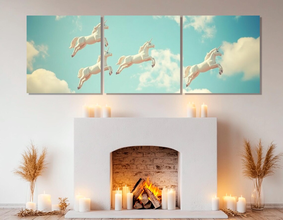 Unicorns Flying In Clouds Fantasy Painting Kids Room Magical Wall Poster - Image 4