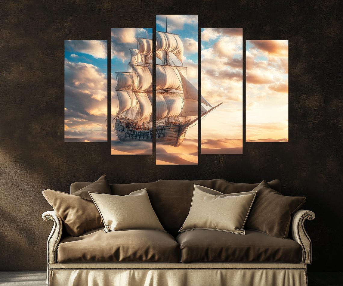 Tall Ship Sailing Golden Sand Dunes Sunset Surreal Painting Poster - Image 4