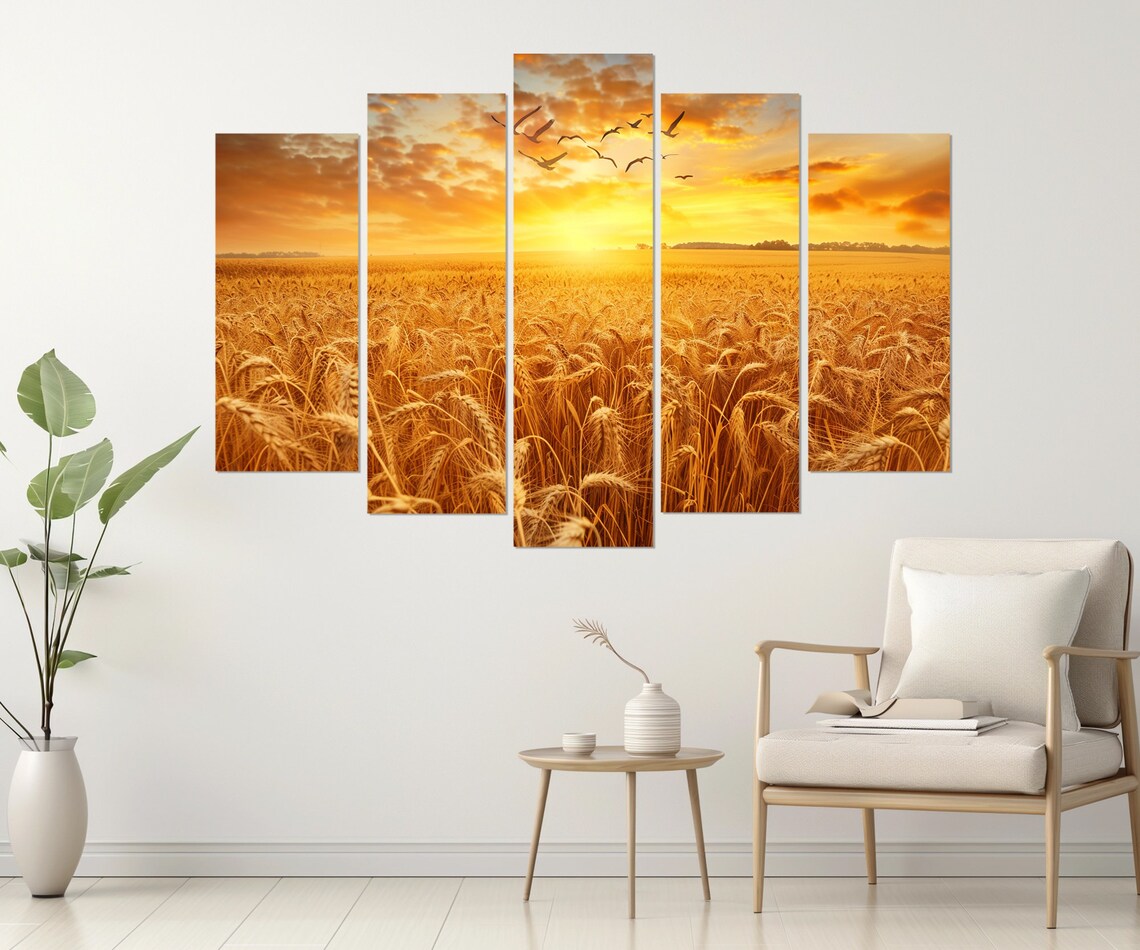 Golden Wheat Field Sunset Birds Farmhouse Harvest Landscape Poster - Image 3