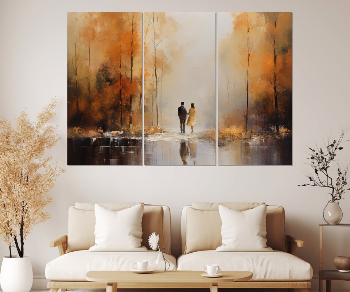 Romantic Couple In Misty Autumn Forest Lake Reflection Painting Poster - Image 4