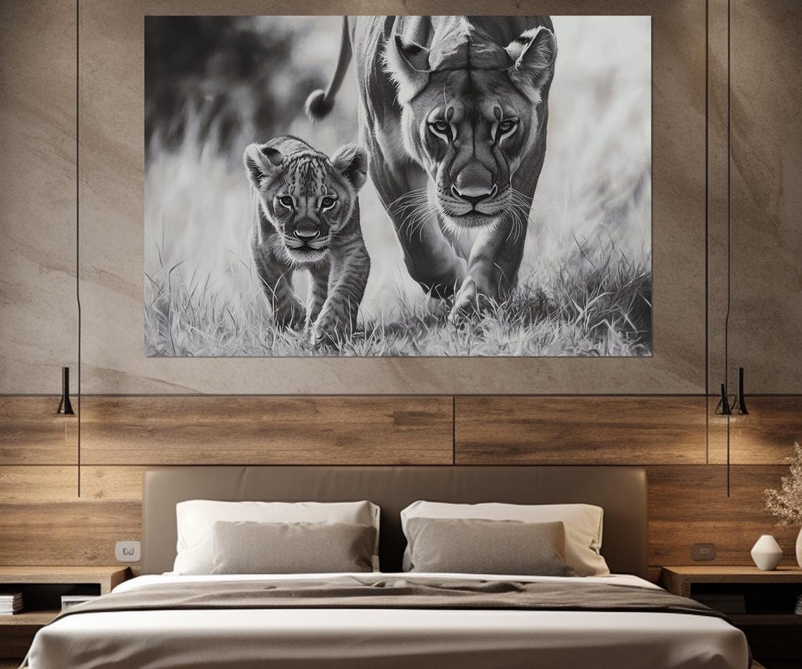 Lioness And Cub Walking Tall Grass Black White Wildlife Art Poster - Image 3