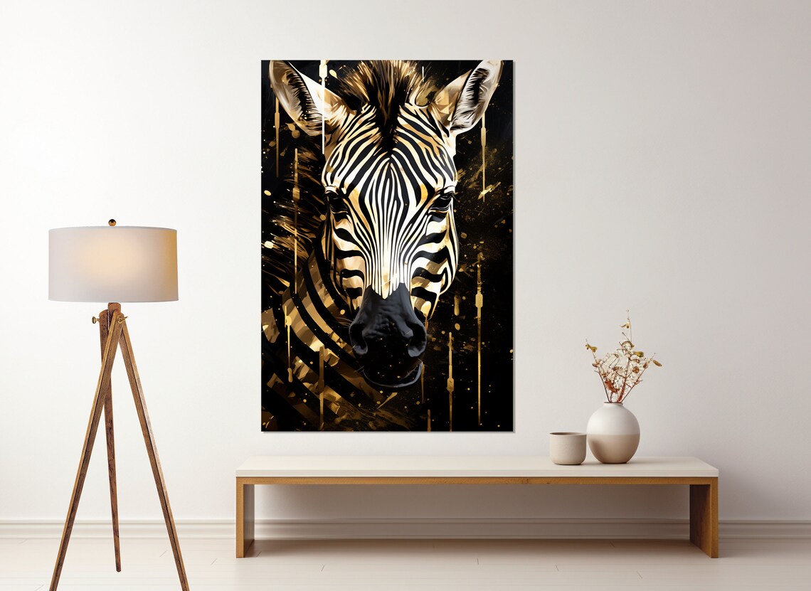 Zebra Portrait Black Gold Stripes Dramatic Vertical Wildlife Wall Art Print - Image 4