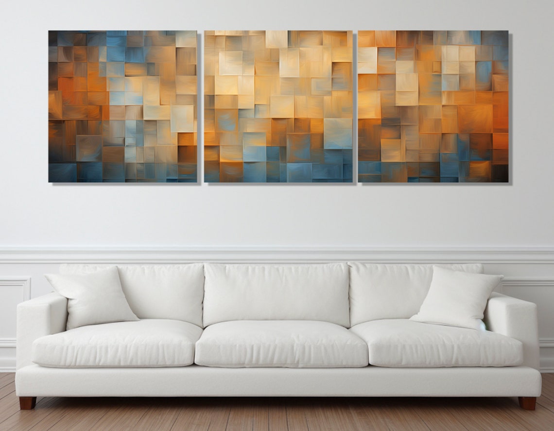 Abstract Mosaic Squares Blue Amber Contemporary Geometric Wall Art - Image 2