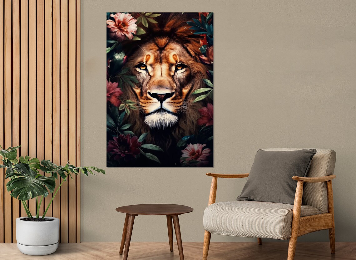 Lion Face Among Tropical Flowers Bold Floral Wildlife Portrait Wall Art - Image 3