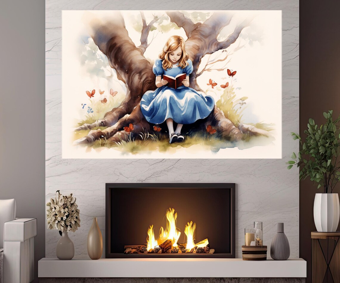 Alice in Wonderland Reading Book Under Tree Watercolor Kids Room Poster - Image 3