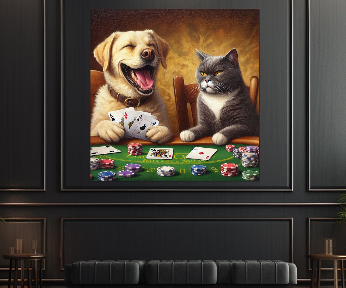 Dog And Cat Playing Poker Cards Chips Funny Poker Room Wall Art Poster - Image 3