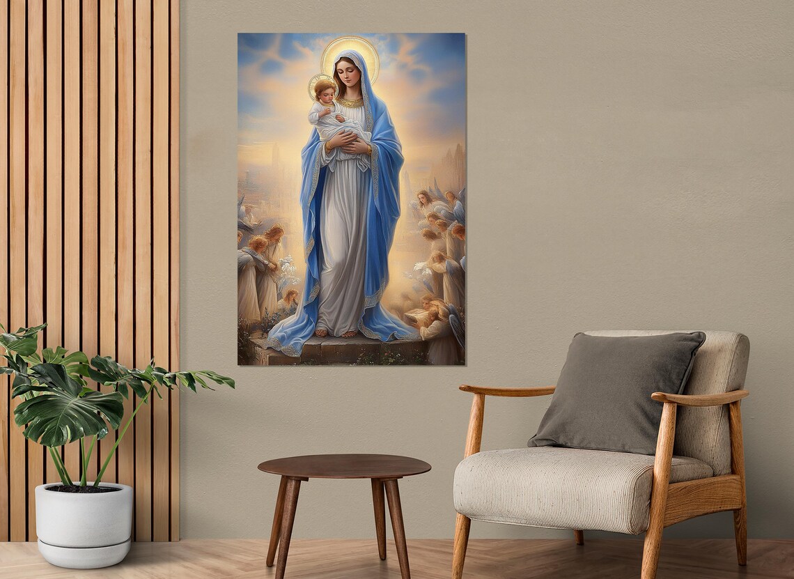 Virgin Mary And Baby Jesus Surrounded By Angels Heavenly Light Poster - Image 2