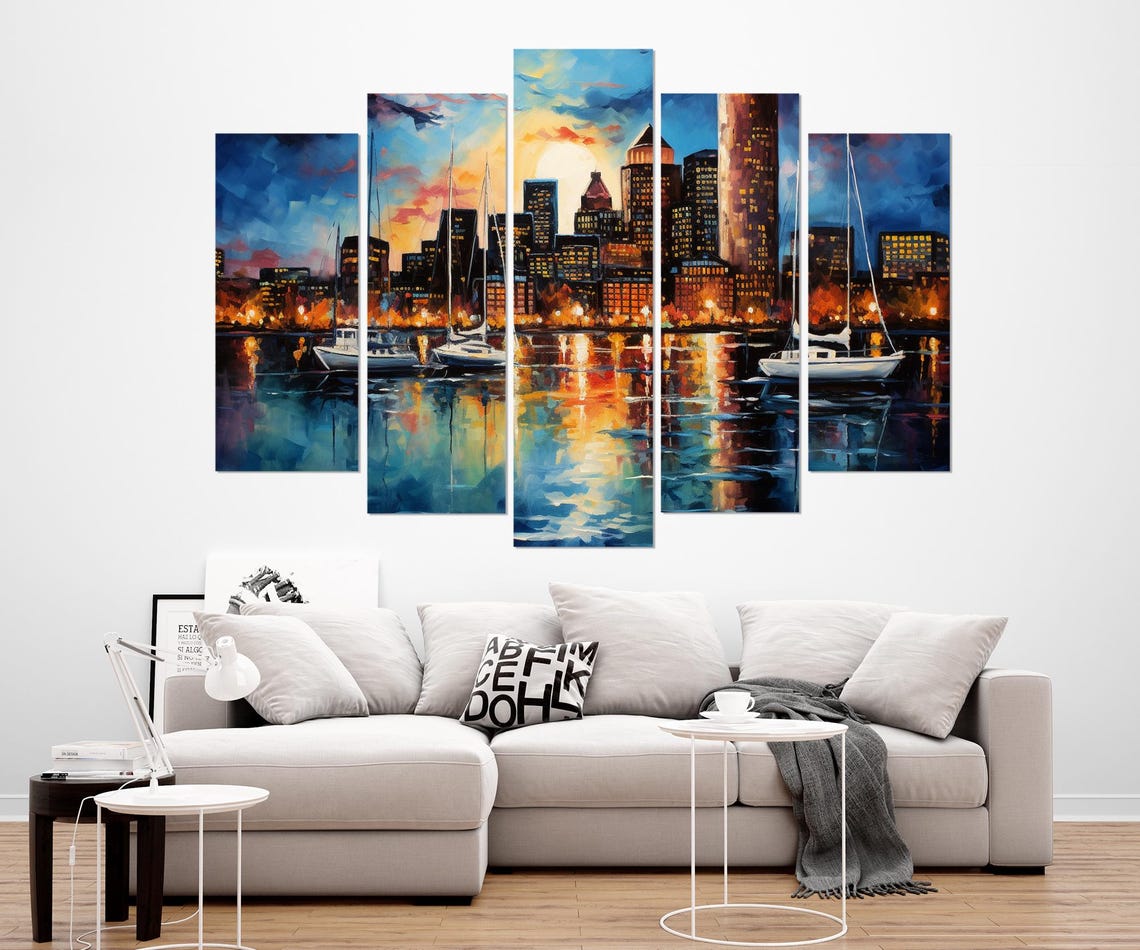 Boston Harbor Sailboats Sunset Skyline Reflection Painted Poster - Image 3