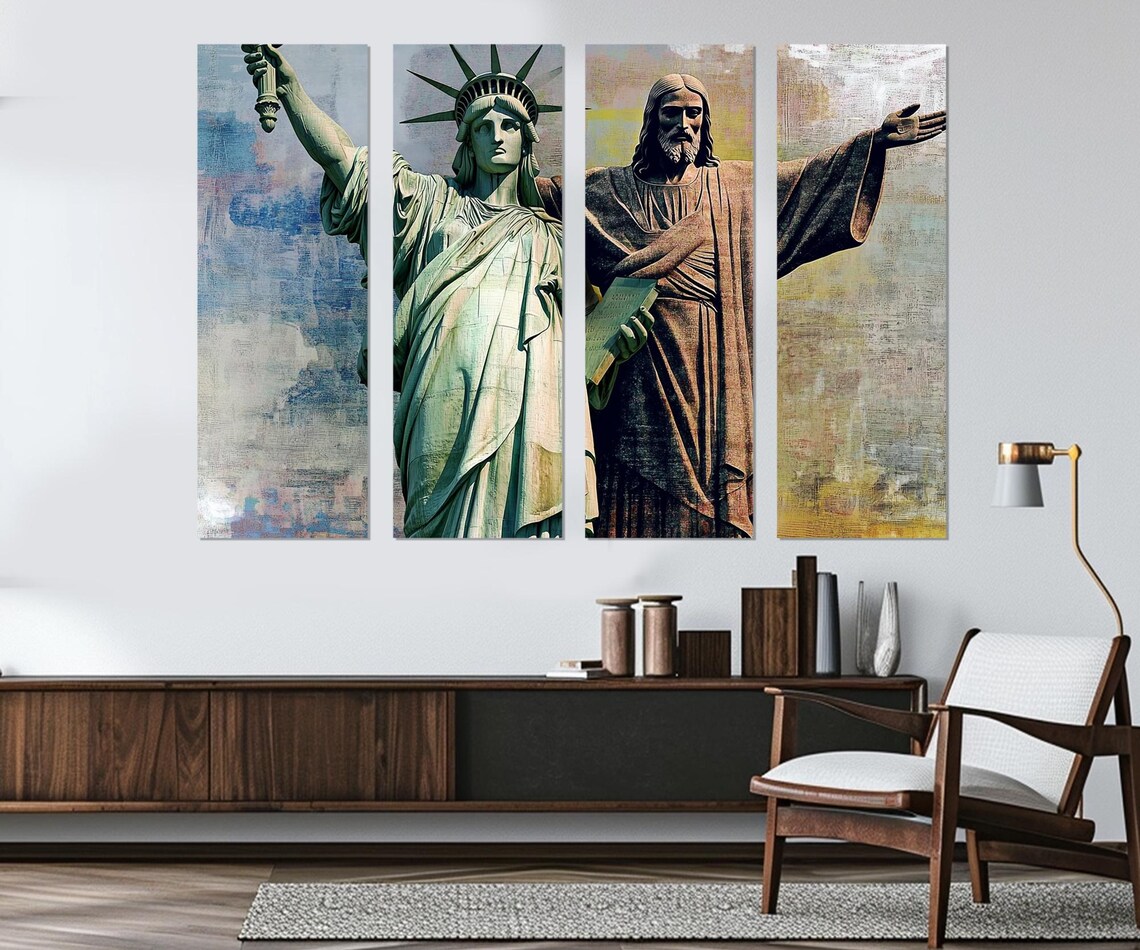 Statue Of Liberty And Christ Redeemer New York Rio Painting Poster - Image 4