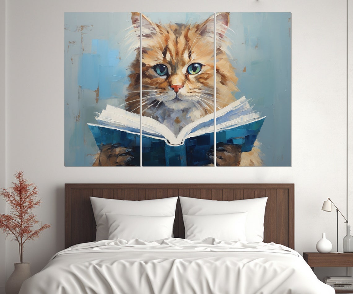 Fluffy Orange Cat Reading An Open Book Cute Painterly Poster - Image 4