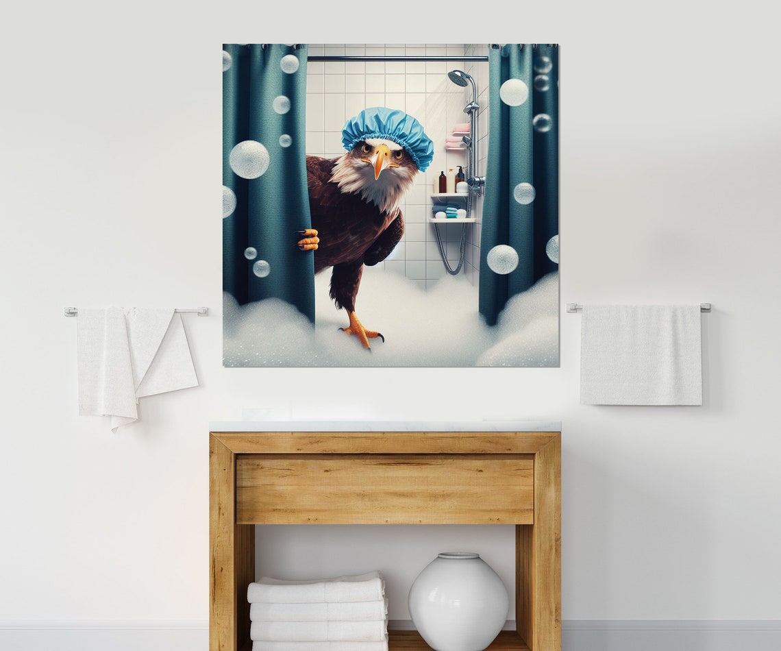 Majestic Bald Eagle in Blue Shower Cap Bubble Bath Animal Poster - Image 4