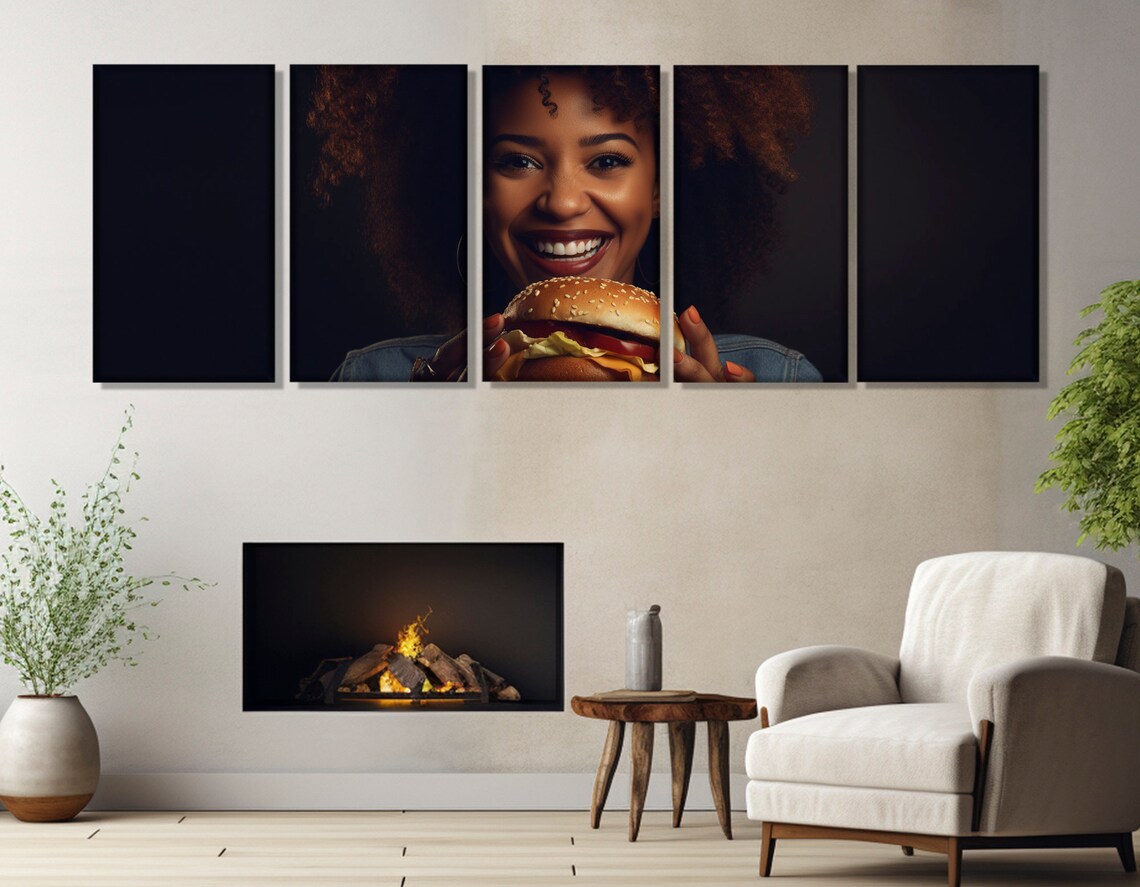 Happy Woman Eating Cheeseburger Fun Food Photography Kitchen Decor Poster - Image 2