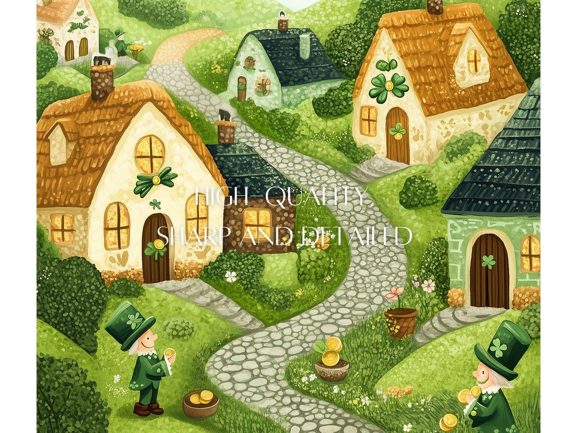 St Patrick's Green Hills Village Leprechauns Gold Coins Scene Poster - Image 3