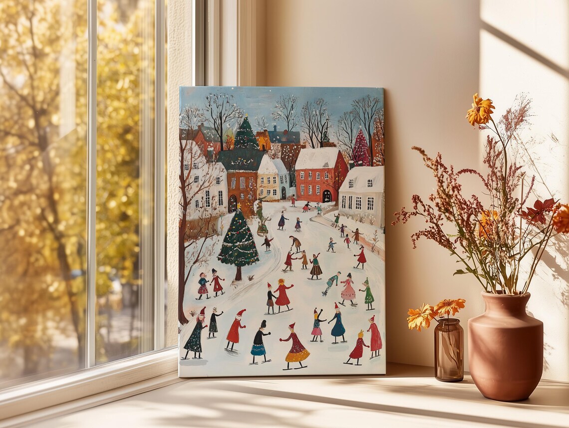 Village Ice Skaters In A Snowy Town Square Joyful Winter Poster - Image 2