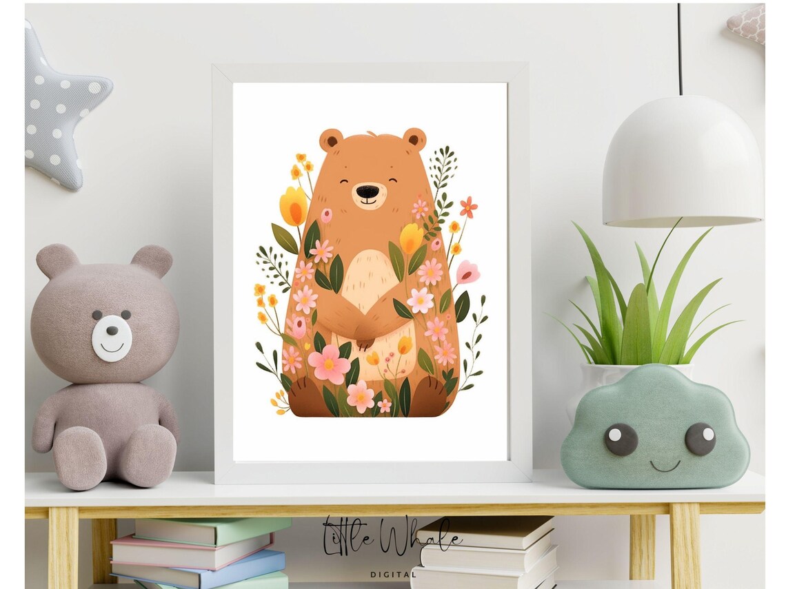 Cute Floral Brown Bear Nursery Wall Art Wildflower Kids Room Decor Print - Image 3