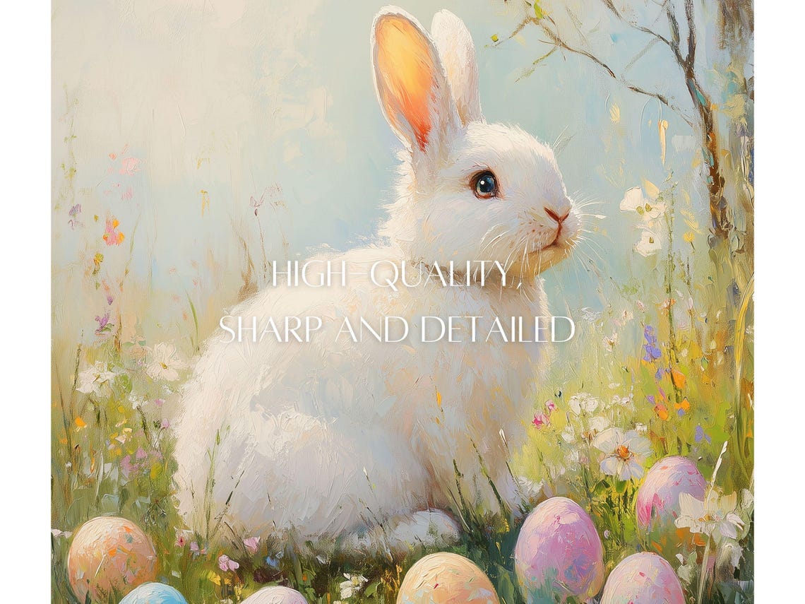 White Easter Bunny Among Painted Eggs In A Spring Garden Poster - Image 2