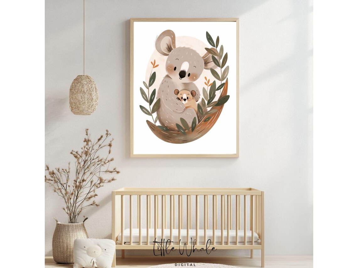 Koala Mom Hugging Baby With Eucalyptus Nursery Watercolor Wall Art Print - Image 4