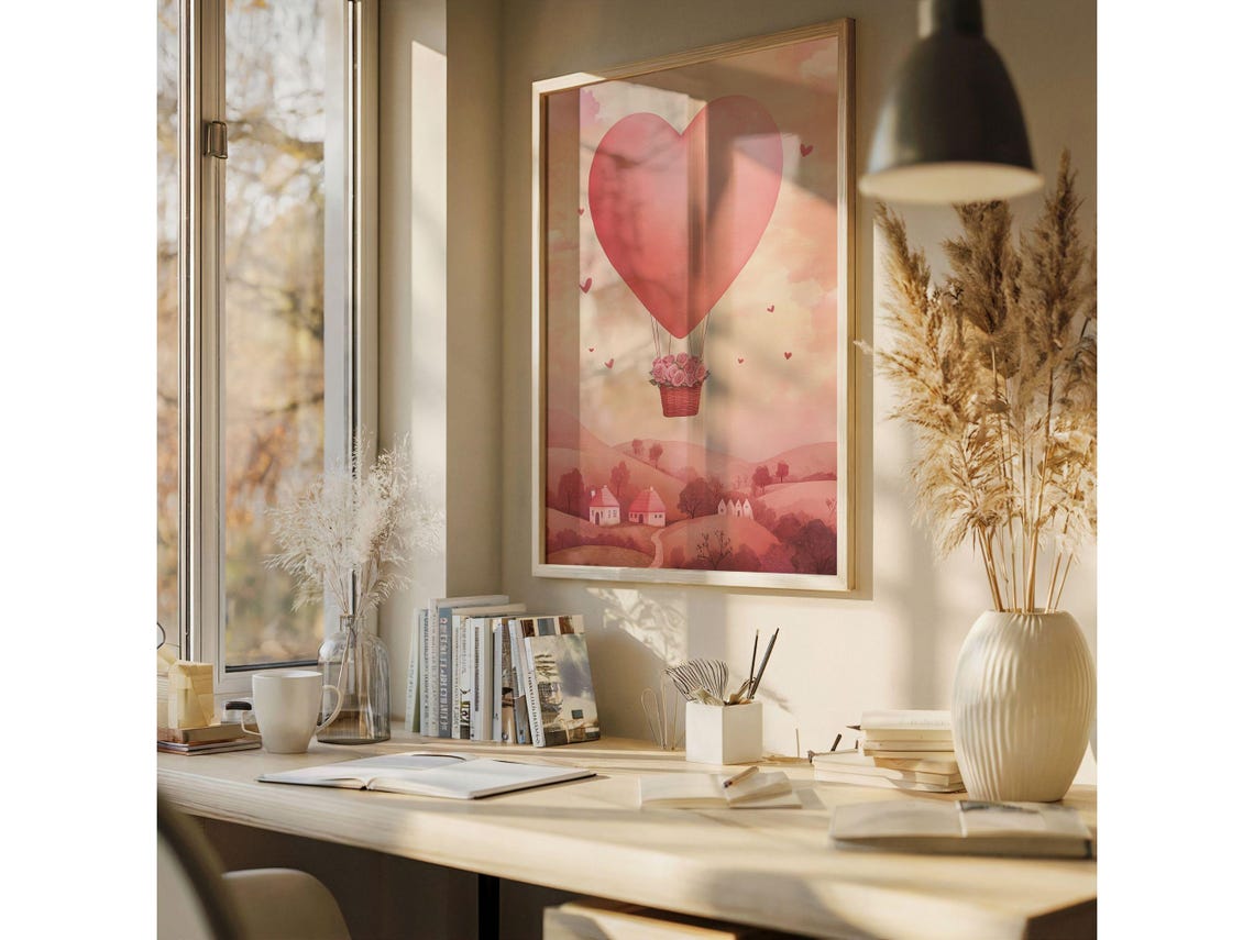 Pink Heart Hot Air Balloon Over Rolling Hills Romantic Wall Art - Image 2
