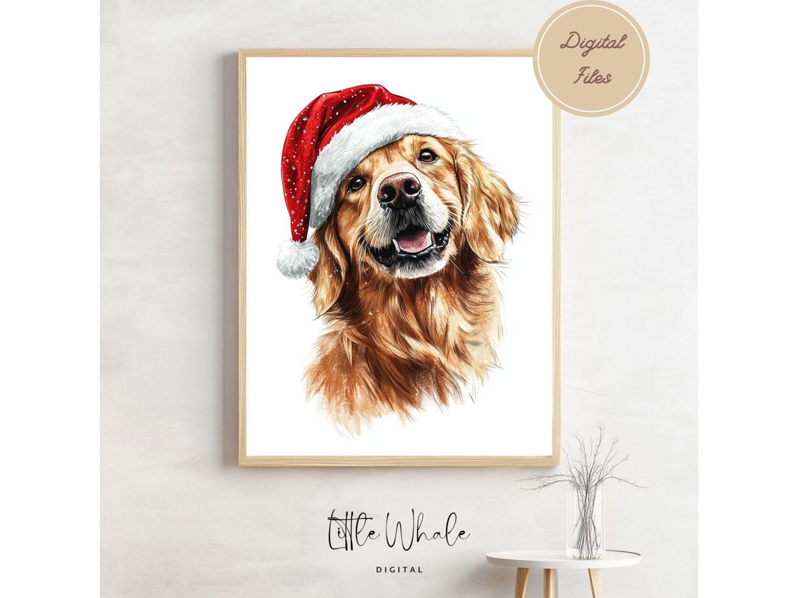 Happy Golden Retriever with Santa Hat Joyful Holiday Dog Art Print