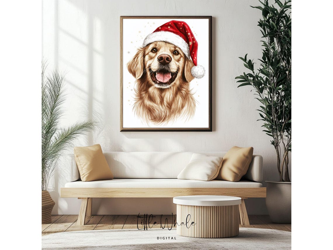 Smiling Golden Retriever in Santa Hat with Snowflakes Art Print - Image 4