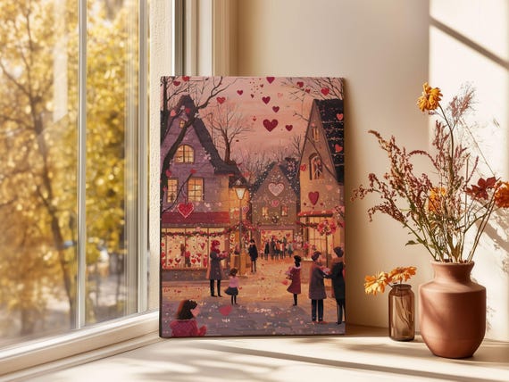 Cute Valentines Day Print Valentine Town Wall Art Valentines Day Painting Romantic Valentines Gift