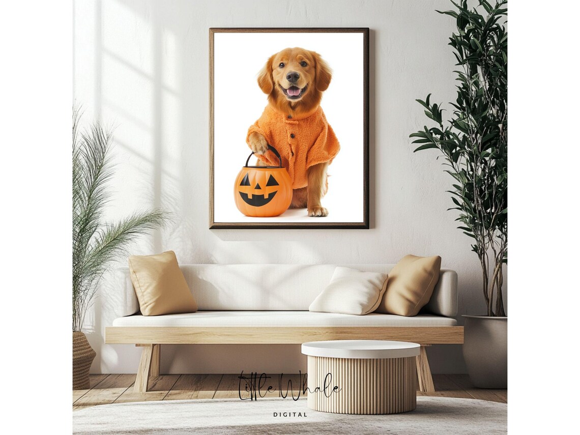 Golden Retriever in Pumpkin Costume Holding Halloween Candy Bucket Poster - Image 4