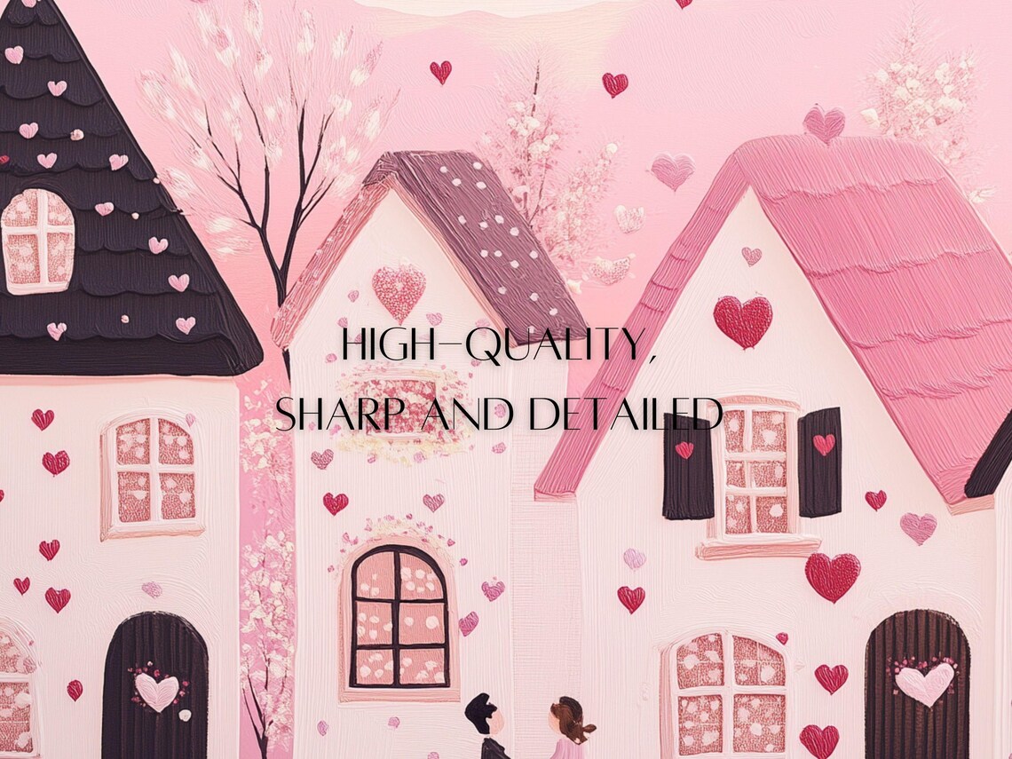Pink Valentine's Village Couple Under Heart Filled Sky Scene Poster - Image 3