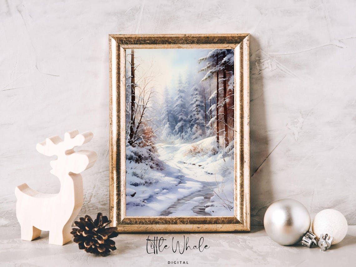 Snowy Pine Forest Path Watercolor Painting of Winter Woods Poster - Image 2