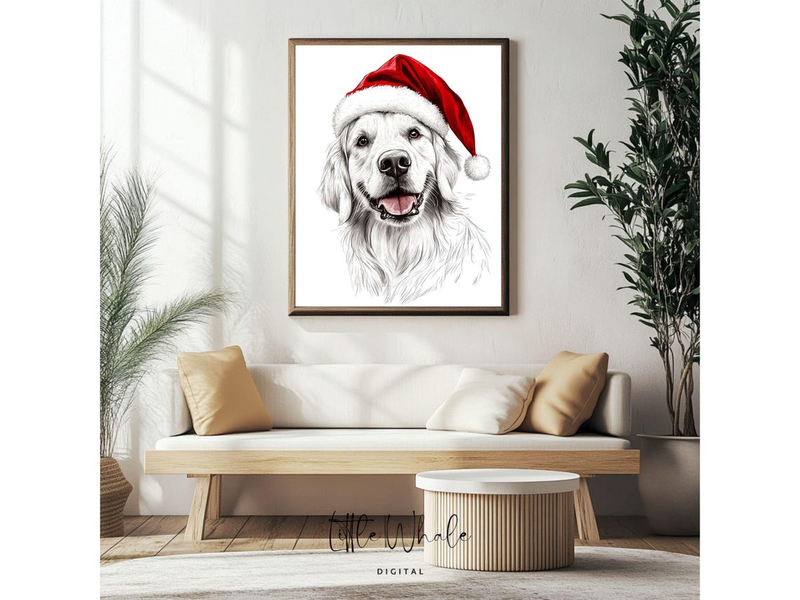 White Golden Retriever Sketch in Santa Hat Smiling Dog Art Print - Image 4