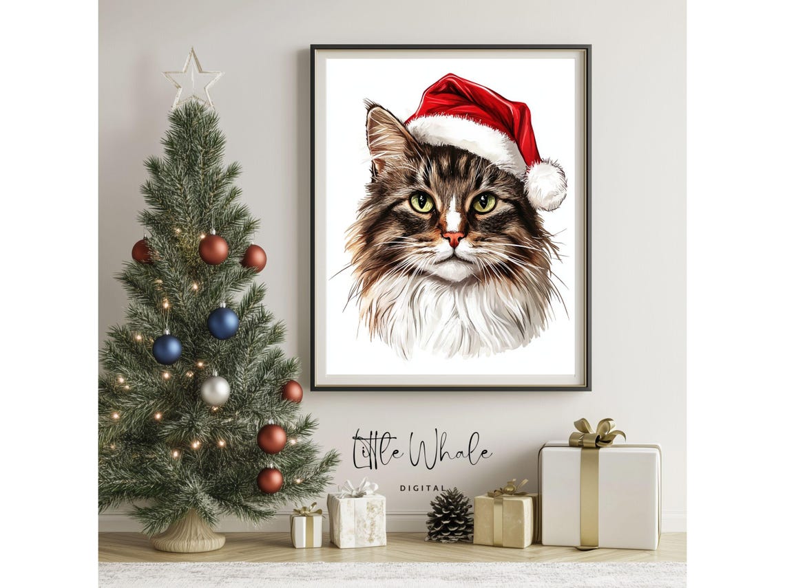 Long Haired Tabby Cat in Santa Hat Fluffy Christmas Art Print - Image 3