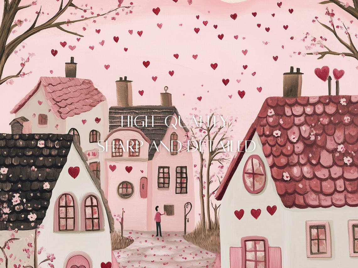 Cute Pink Valentines Day Print Valentine Town Wall Art Valentines Day Decor Romantic Art Valentines Gift - Image 3