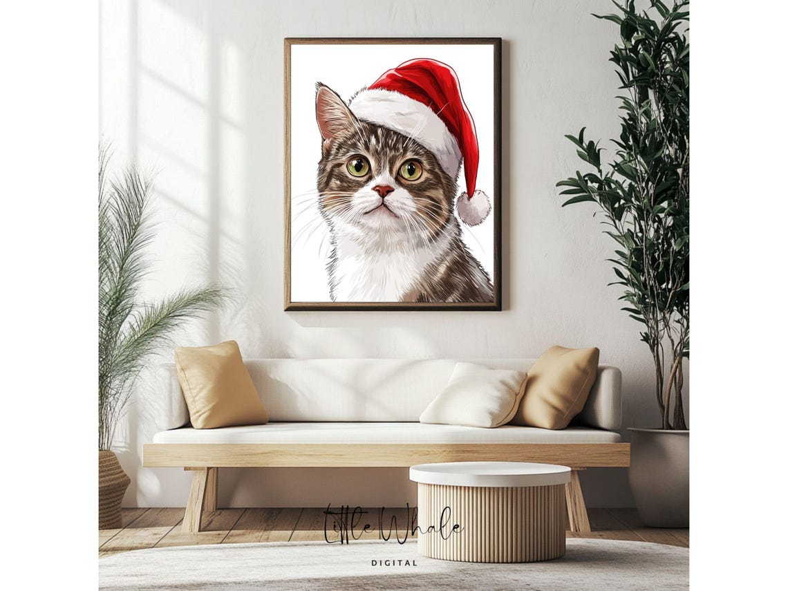 Tabby Cat Wearing Santa Hat Cute Christmas Portrait Art Print - Image 4
